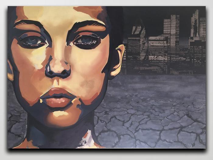 Artwork of a young woman by Jennifer Zabek. The woman is looking straight at the camera, with cracked grey earth around her and sky scrappers. She is in colour, the background is all in grey it is to signify a survivor leaving the darkness.