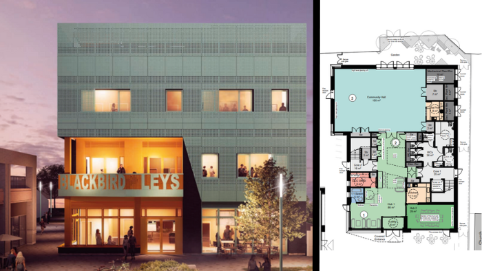 A collage of a map and building design of the new Blackbird Leys community centre