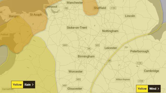 A map showing yellow weather warnings across the West Midlands.