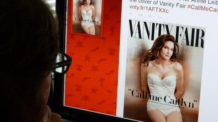 A journalist looks at Vanity Fair's Twitter site with the Tweet about Caitlyn Jenner, who will be featured on the July cover of the magazine.