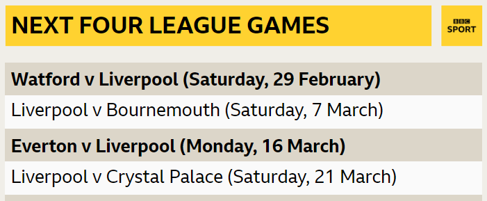 Liverpool fixtures in the Premier League