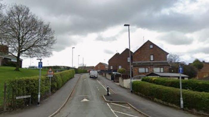 A one-way street, which has blue signs with white arrows indicating the direction of travel, and a speed bump along with other traffic calming measures. There are hedges either side.