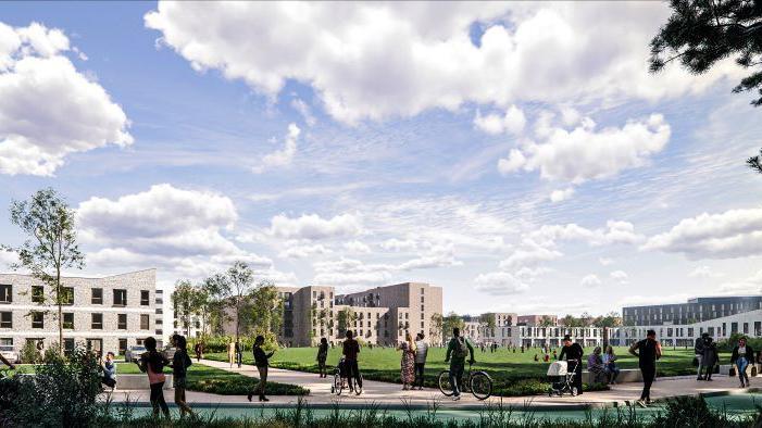 Artist impression of new blocks of flats and offices surrounded by footpaths and greenery. People are walking and cycling on the paths