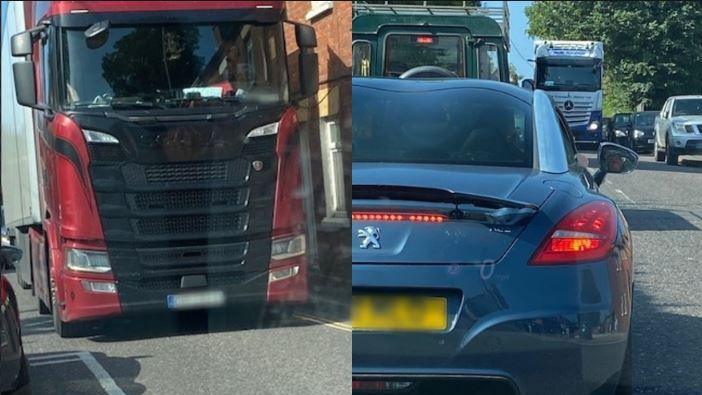 On the left, an image of a lorry on a very small road right next to a red brick terraced house.
On the right, a lorry in the distance as it tried to get by parked cars and traffic on the other side of the road.