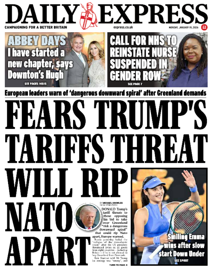 Titulli në faqen e parë të Daily Express thotë: “Kam frikë se kërcënimi i tarifave të Trump do ta shkatërrojë NATO-n”.