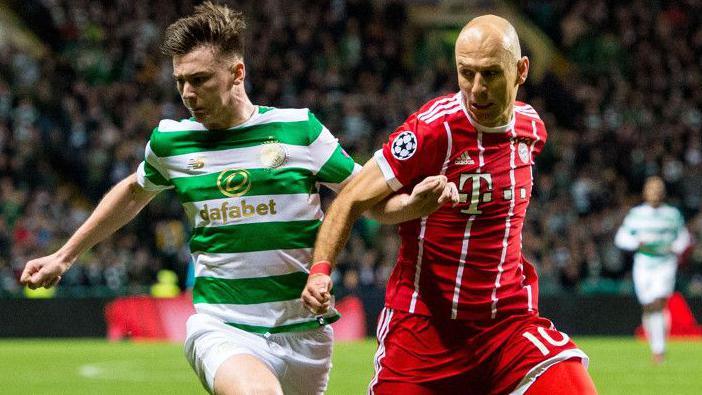 Celtic's Kieran Tierney and Bayern Munich's Arjen Robben in 2017