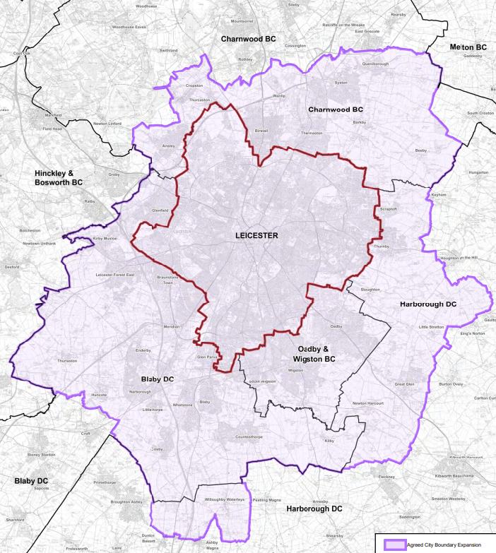 A map of Leicester and its surrounding area shaded in different colours