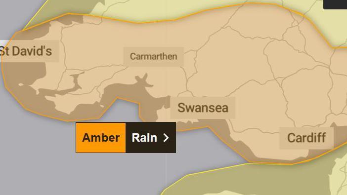 Map showing south west Wales and amber area highlighted for weather warning covering St David's in the west and Cardiff in the east