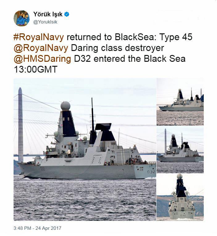 A tweet from the account of @YorukIsik about HMS Daring