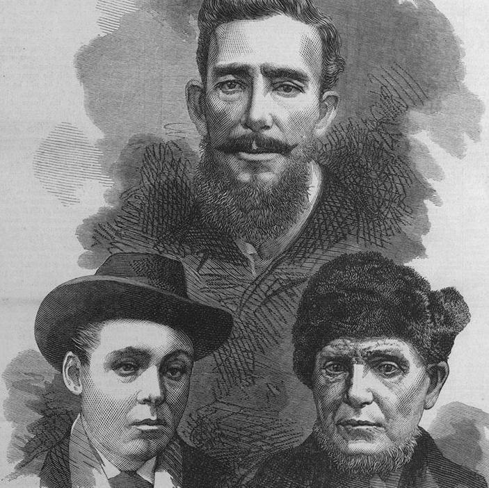 Black and white illustrations of the three survivors of the Cospatrick tragedy. Henry MacDonald is a distingushed looking man with swept-back, black hair and a beard. Edward Cotter is a youthful looking man in his late teens, clean shaven and wearing a hat and scarf. Thomas Lewis looks rugged, has a beard and is wearing a fur hat.