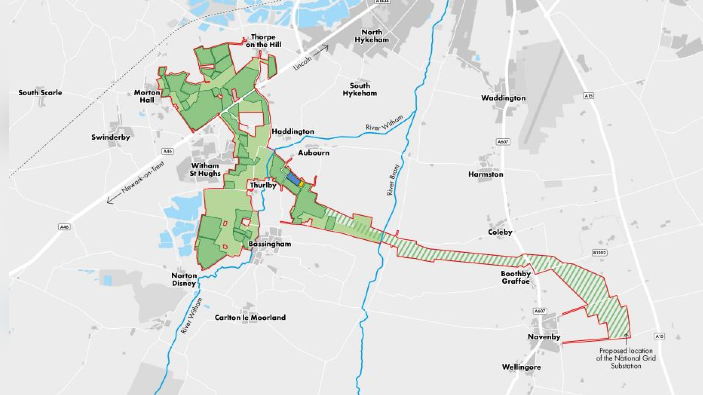 A map of Lincoln showing a highlighted green selected section with a red outline of the proposed solar farm. 