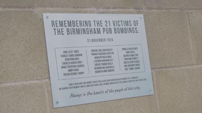 Plaque with names of pub bombings victim