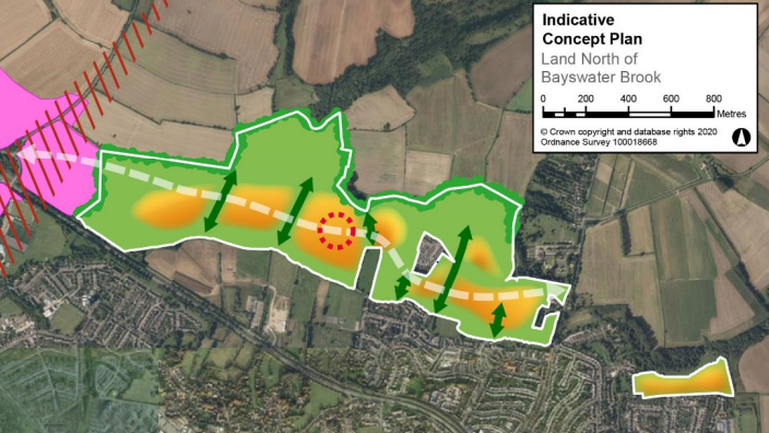 A bird's eye map of Bayswater Brook, with Oxford and Barton Park to the south of it