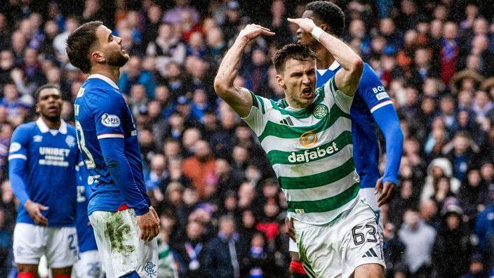 Celtic's Kieran Tierney celebrates scoring against Rangers on Sunday