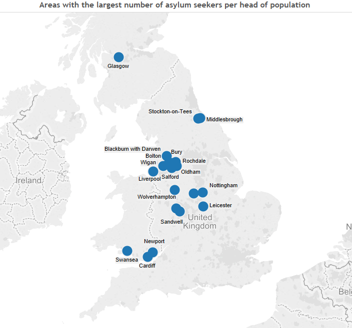 Map showing asylum seekers by head of population