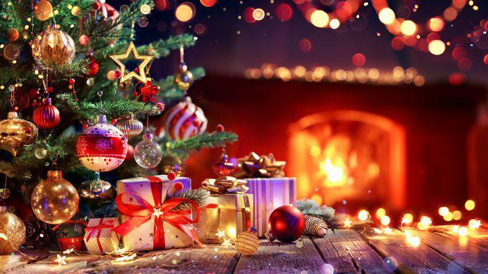 Presents under a Christmas tree.