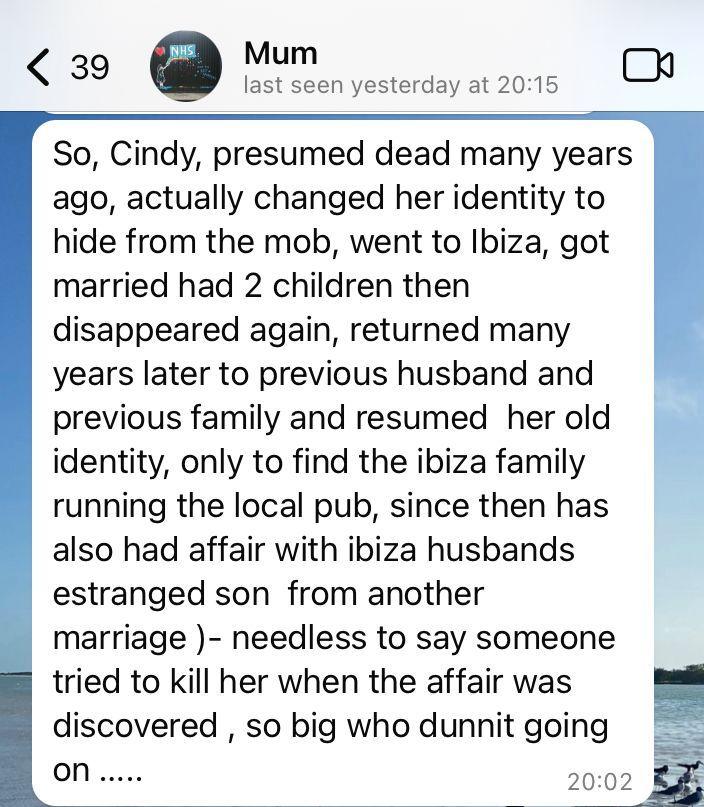 WhatsApp message from Yasmin's mother which explains the back story of a current soap plot line