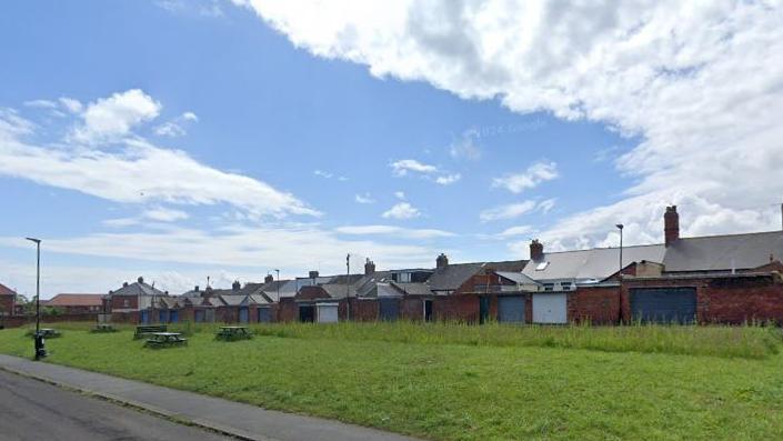 The land at Cato Street in Sunderland. The grassed area has some picnic tables and is positioned in between a residential street and the garages at the back of a row of terraced houses.