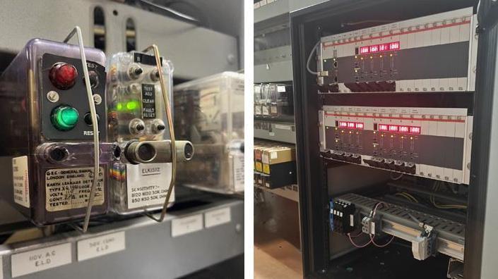 Boxes with lights, wires and labels on a shelf are in a photo on the left. On the right is panels of equipment with red lights in a box.