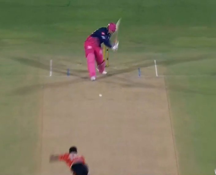 Vaibhav Sooryavanshi's bat comes into a more conventional line as he makes contact