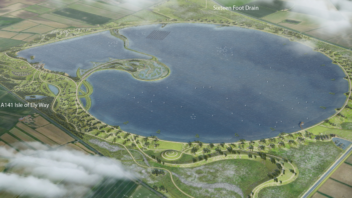 Aerial image of what the reservoir could look like, it is surrounded by fields and around the edge of the water there is grassland and trees.