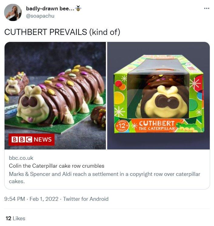 Tweet about Cuthbert the caterpillar cake