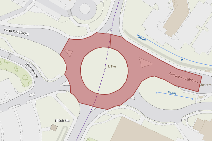 The illustration shows a map of the roundabout and its roads, including Perth Road and Culloden Road. A section of the roundabout is highlighted in red.