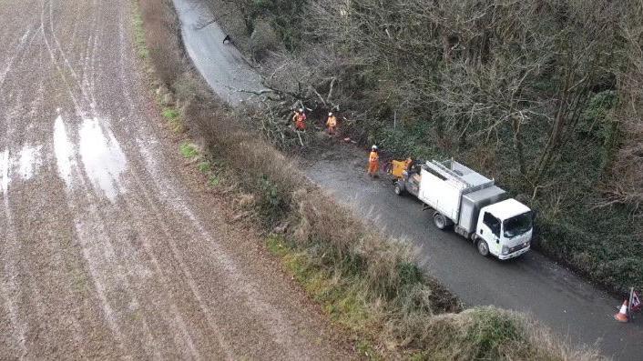 A picture taken from above shows a road with trees on one side and a field on the other. There is a fallen tree across the road. Three tree surgeons are near the fallen tree alongside their truck.