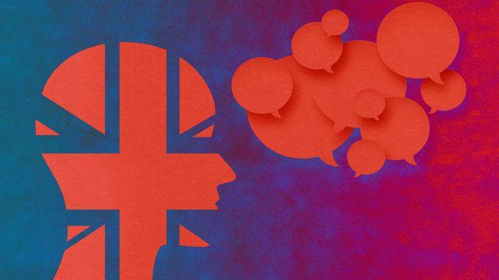 An artwork of a persons head, that had the British flag in it. There are lots of speech bubbles in front of it representing different voices.