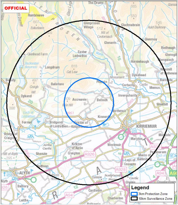 A 3km protection zone, within the blue circle, and a 10km surveillance zone, within the black circle, have been set up in Angus