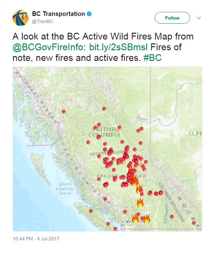 BC Transportation tweets a map showing active wild fires and says: A look at the BC Active Wild Fires Map from @BCGovFireInfo: bit.ly/2sSBmsl Fires of note, new fires and active fires. #BC