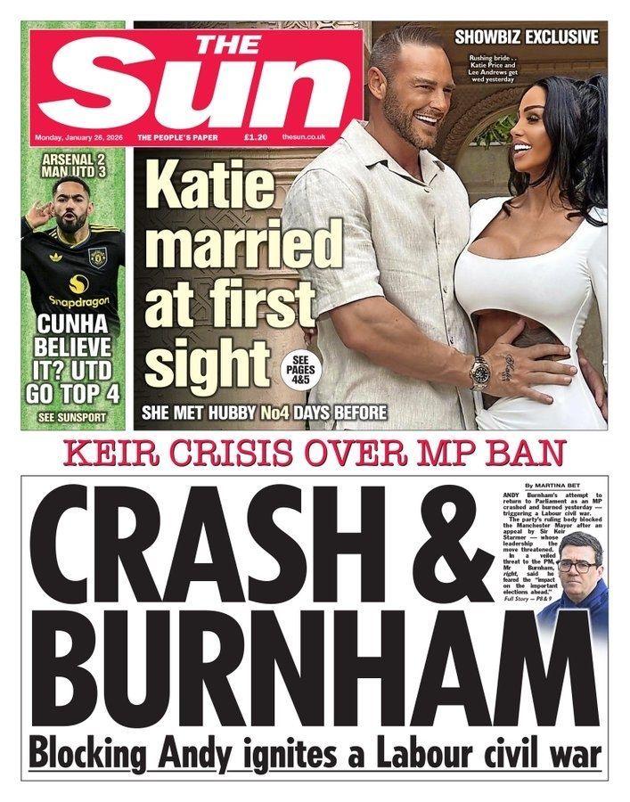 Titulli në faqen e parë të gazetës The Sun thotë: "Crash dhe Burnham".