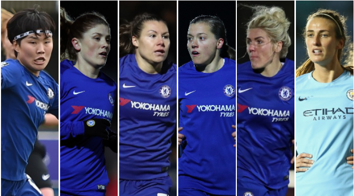 Ji So-yun, Maren Mjelde, Ramona Bachmann, Fran Kirby, Millie Bright and Jill Scott