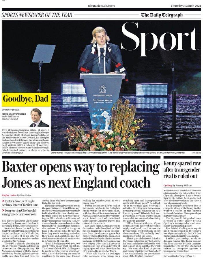 The front page of the Daily Telegraph Sport section