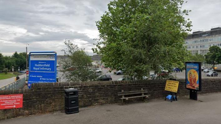 The front entrance sign for Huddersfield Royal Infirmary Hospital