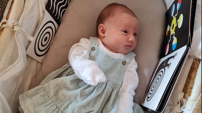 A baby girl in a moses basket, dressed in a white top and a pale green corduroy dress, looking at a picture book 