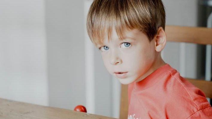 Freddie is sitting at a wooden table and looking at the camera. He has light brown hair and blue eyes.