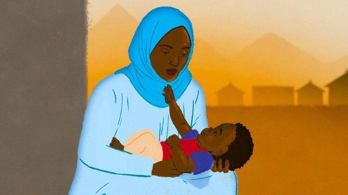 An illustration showing a woman with a blue headscarf and robe holding a baby boy