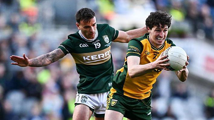 Donegal's Finnbarr Roarty is challenged by Kerry's Micheál Burns during this year's league final