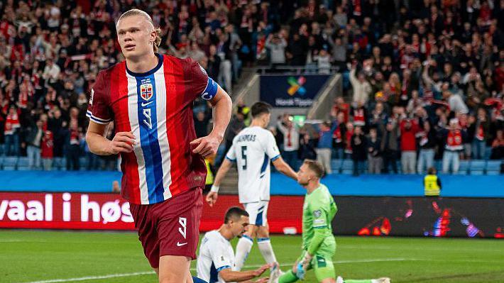 Erling Haaland celebrates another Norway goal