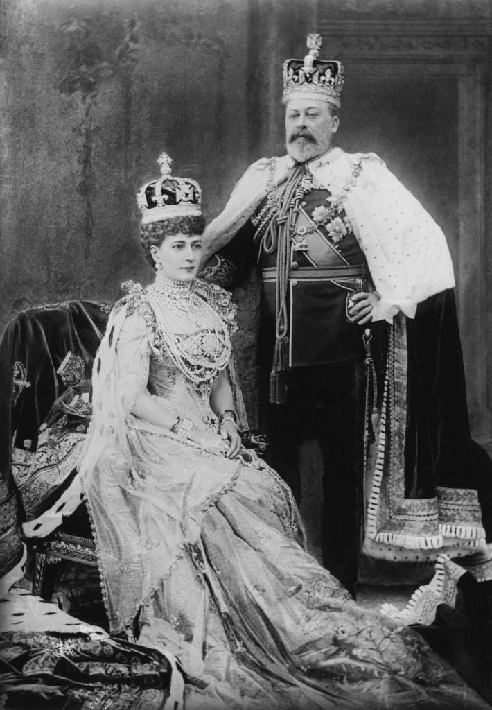 King Edward VII (1841 - 1910) with his consort Queen Alexandra (1844 - 1925) in London on the day of his coronation, 9th August 1902.