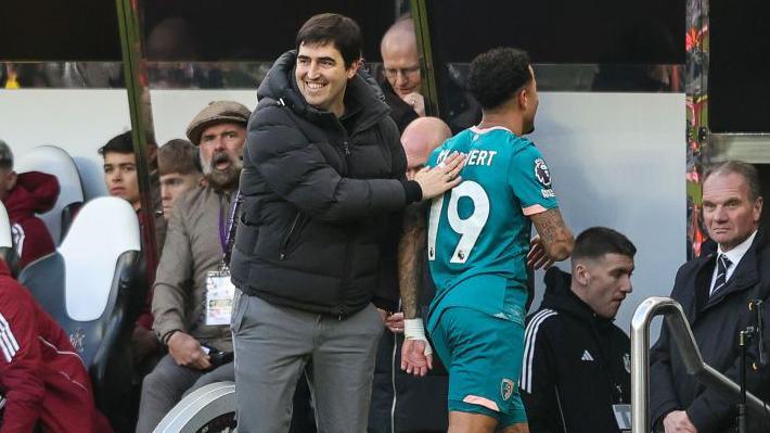 Andoni Iraola pats Justin Kluivert on the back after the forward's hat-trick for Bournemouth against Newcastle in the Premier League