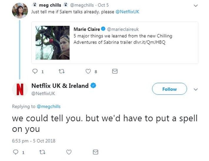 A Twitter exchange between Netflix and @Megchills