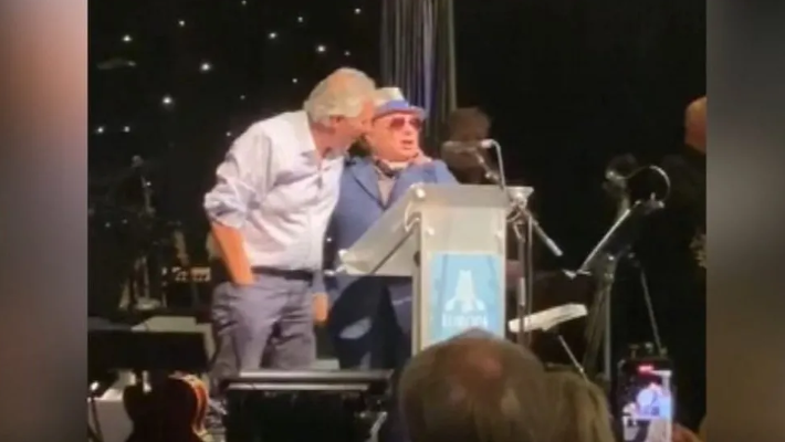 Ian Paisley Jr on stage with Sir Van Morrison at the Europa Hotel, Belfast, in June 2021