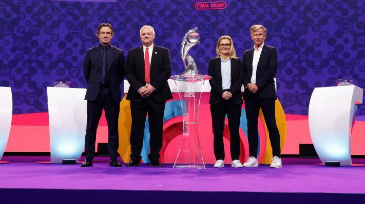 Group D coaches (L-R) Laurent Bonadei, head coach of France, Jon Grey, assistant coach of Wales, Sarina Wiegman, head coach of England and Andries Jonker, head coach of Netherlands