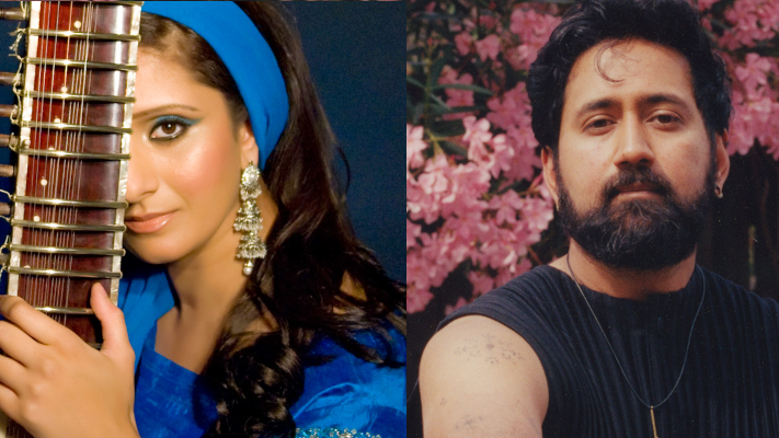 A composite image of Bristol New Sounds Festival headliners Roopa Panesar and Sarathy Korwar. Panesar is to the left of the image, dressed in blue and holding a Sitar that is covering half of her face. Korwar appears on the right of the composite and is pictured in front of pink flowers. 