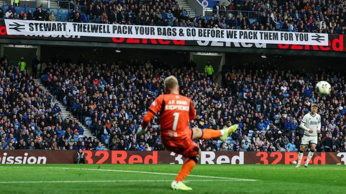 Another banner, aimed at Rangers chief executive Patrick Stewart and sporting director Kevin Thelwell, is displayed at Ibrox