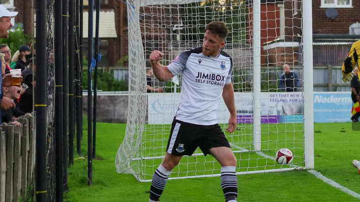 Adam Dodd reacts after scoring for Bamber Bridge