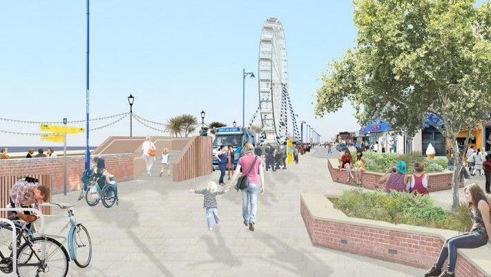 An artist's impression of a pedestrianised sea front. On a sunny day, people are are walking along a paved prom. Others are sitting on seats around flower beds. There is a ferris wheel and an ice cream van further down the prom. On the left, a beach and the sea can be seen. In the middle of the scene, a young girl holding a man's hand is skipping. A cyclist is unlocking his bike at a bike rack.