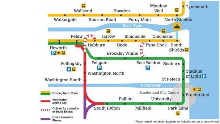 Map showing existing Tyne and Wear Metro lines, in yellow and blue, and proposed ones in red and purple.